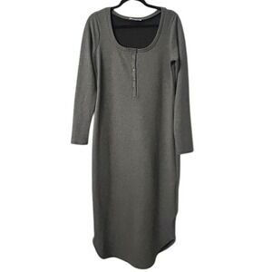 Gray Knit Midi Dress L Long Sleeve Ribbed Button Front Soft Goth Minimalist Cozy